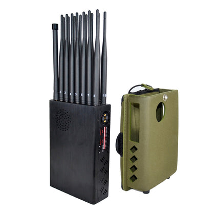 Mobile signal jammer with 16 black antennas, black control box, and green pouch