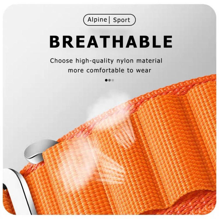 Orange nylon loop watch band with metal clasp, breathable textured weave