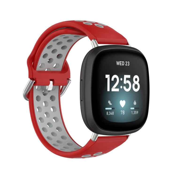 Dual-color silicone watch band with red outer strap and gray perforated inner panel