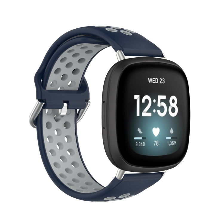 Dual-color silicone watch band with dark blue outer strap and light gray perforated panel