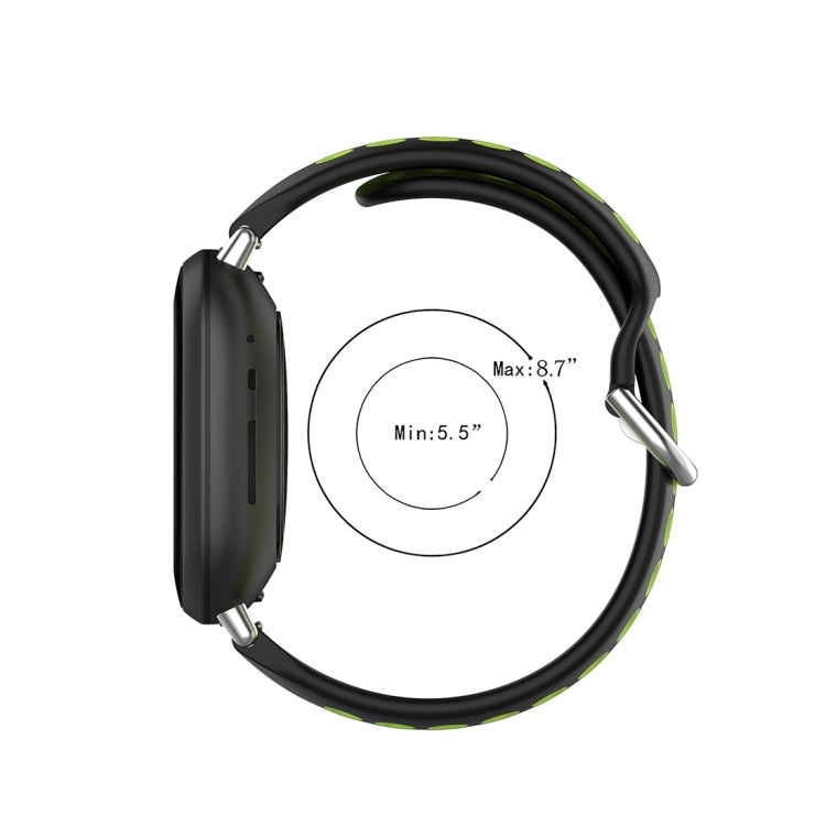 Dual-color silicone watch band with black strap and green accents, adjustable sizing view