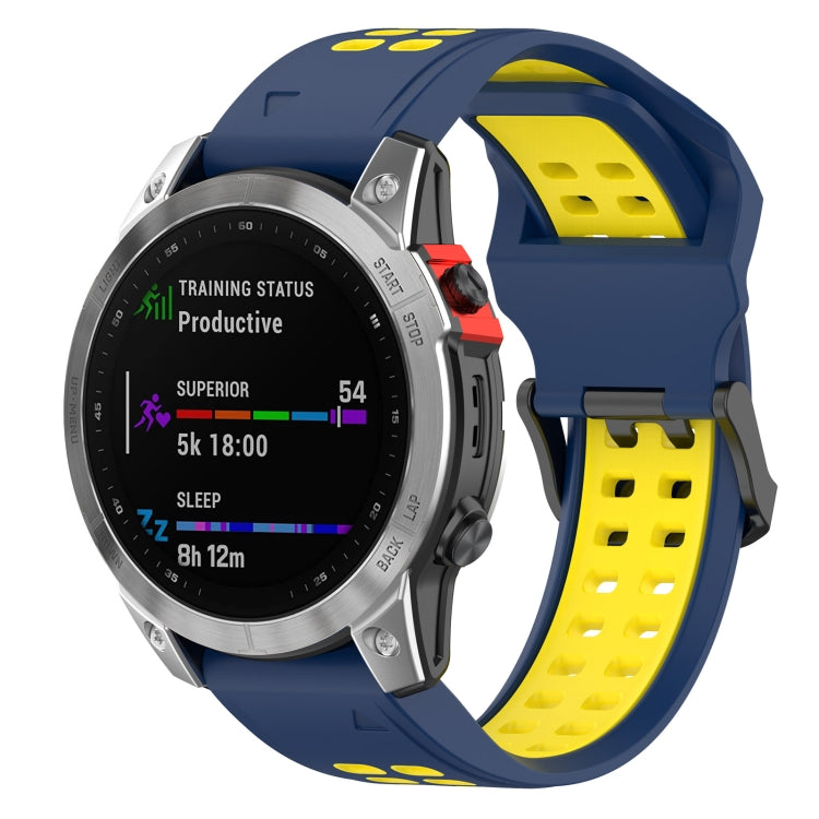 Silicone double-row watch band with blue outer strap and yellow perforated inserts
