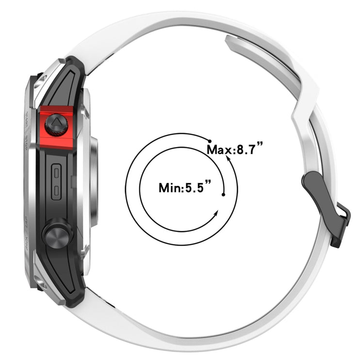 Double-row silicone watch band with white perforated links and red quick-release tab