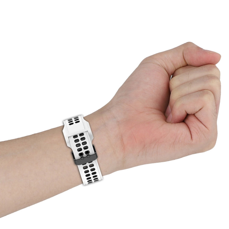 White perforated double-row silicone watch band on wrist, quick-release side view