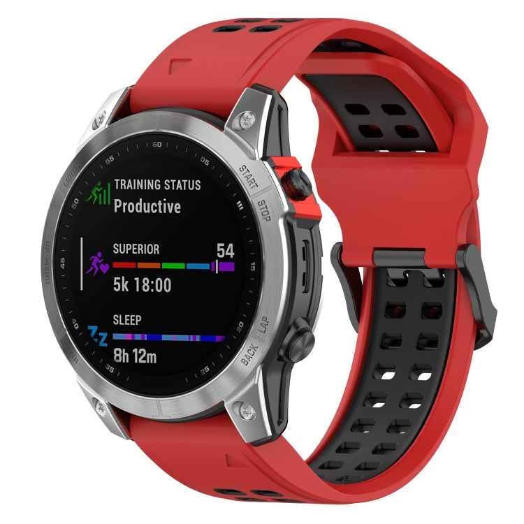 Silicone double-row watch band with red strap and black perforated inserts