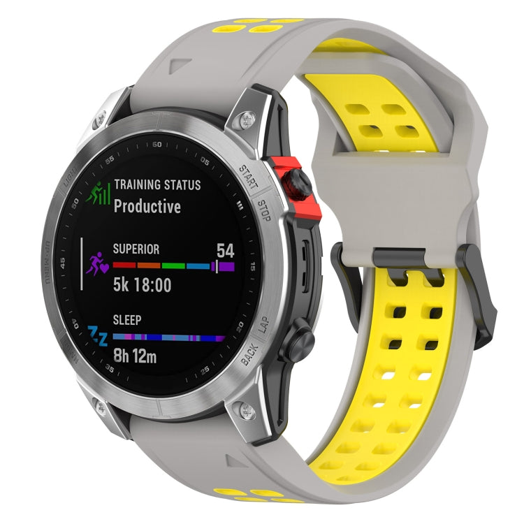 Silicone double-row watch band with light gray strap and yellow perforated inserts