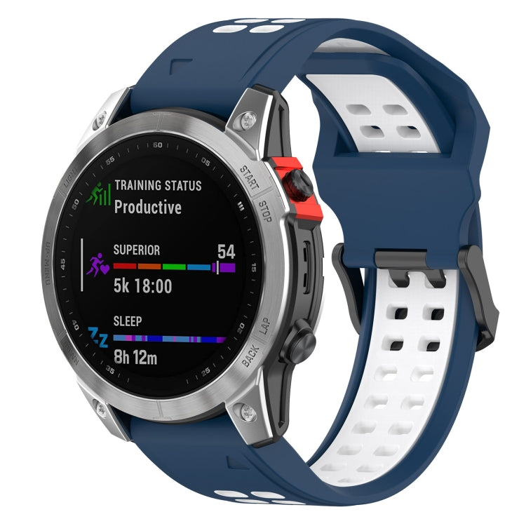 Silicone double-row watch band with navy blue strap and white perforated inserts
