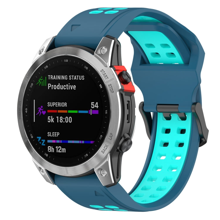 Double-row silicone watch band in blue with teal perforated inserts