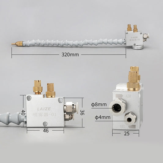 CNC coolant sprayer mounting block with labeled dimensions and brass inlet fittings