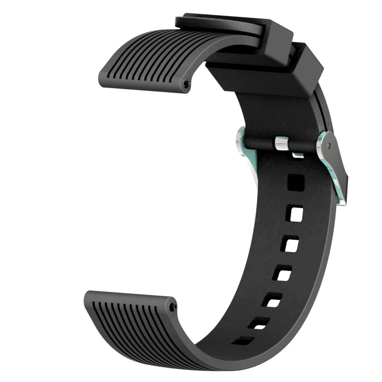 Black silicone watch band with vertical grain texture, buckle clasp, and strap holes