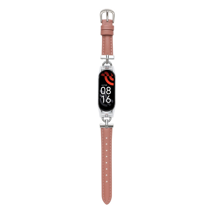 D-shaped steel watch band with genuine leather strap, dusty rose, for fitness tracker