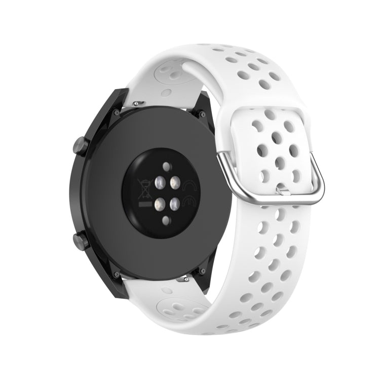 White perforated sport strap with metal buckle clasp, shown from back