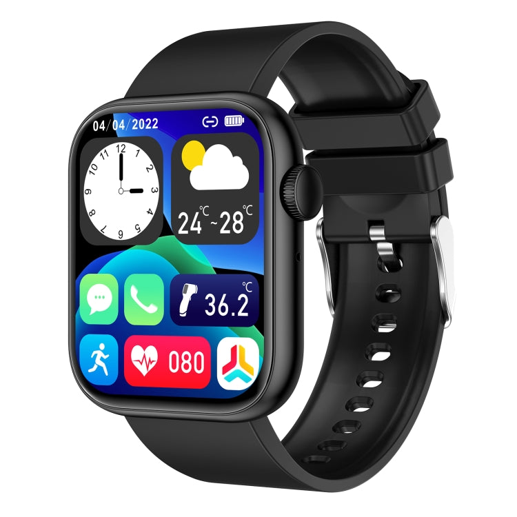 Smartwatch with black strap and gold-toned bezel, screen showing colorful app icons