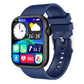 Smartwatch with blue silicone strap and gold-toned bezel, displaying a temperature-style smartwatch screen