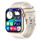 Smartwatch with beige strap and gold case, screen showing weather and fitness icons