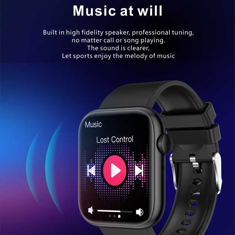 Smartwatch with black case and strap, displaying a music screen with play controls