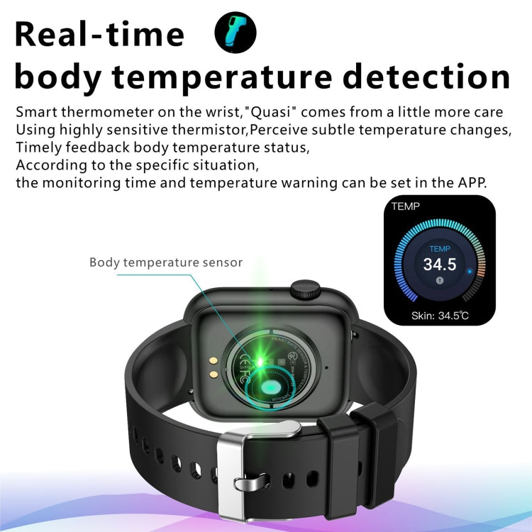 Black smartwatch with displayed body temperature sensor reading on the screen