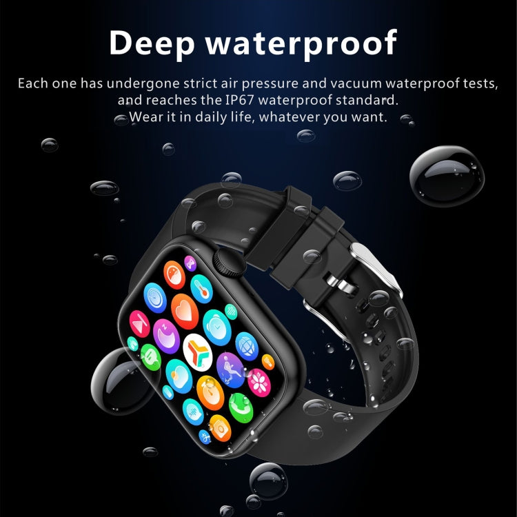 Black smartwatch with colorful app icons and water-drop splash effect