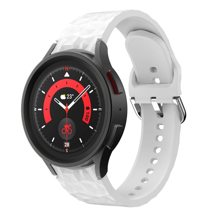 Rhombus-texture silicone watch band in white with metal clasp, for Galaxy Watch 5/5 Pro.