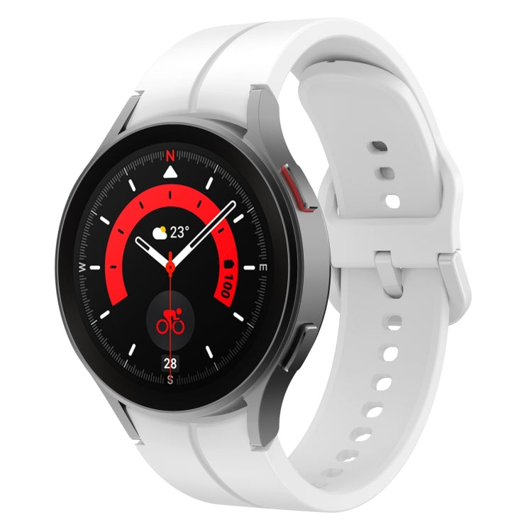 Silicone watch band with metal buckle, white strap on a round smart watch case