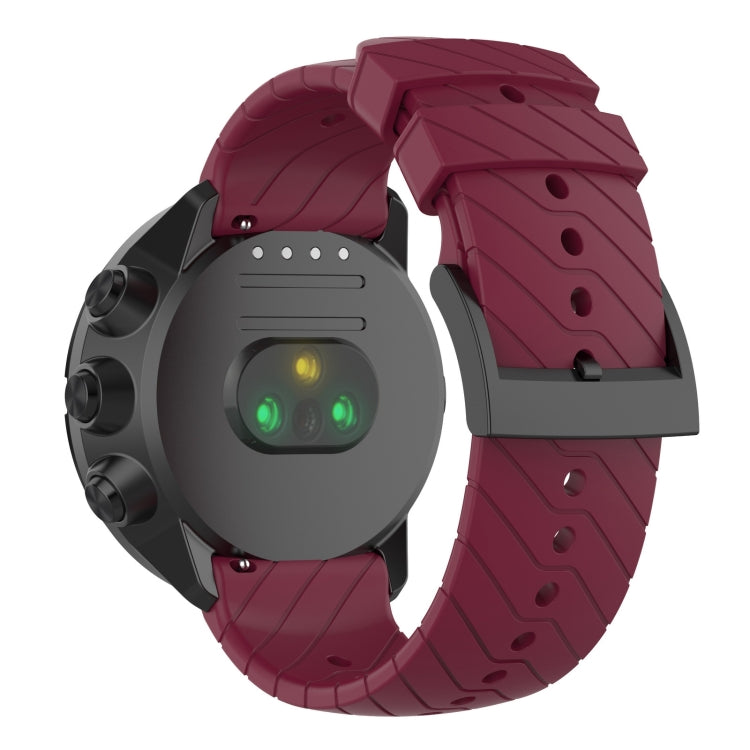 Red wine silicone watch strap with textured segments and metal buckle