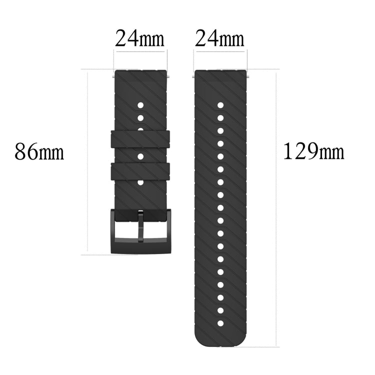 Silicone watch strap dimensions: 86mm length, 24mm strap width, 129mm band length