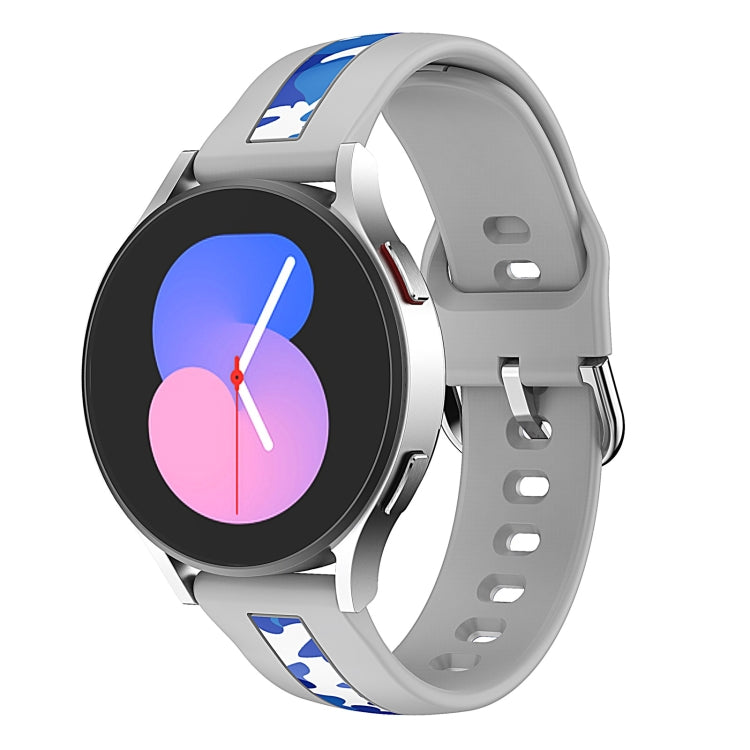 Silicone watch band with grey strap and blue camouflage print accent