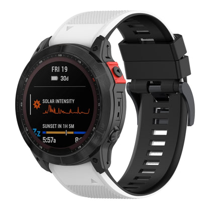 Two-tone silicone watch band with white outer links and black clasp and strap