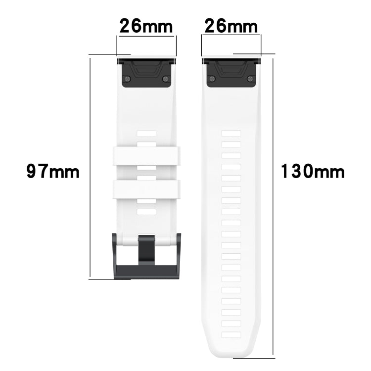Silicone watch band size diagram with 26mm width, 97mm and 130mm lengths