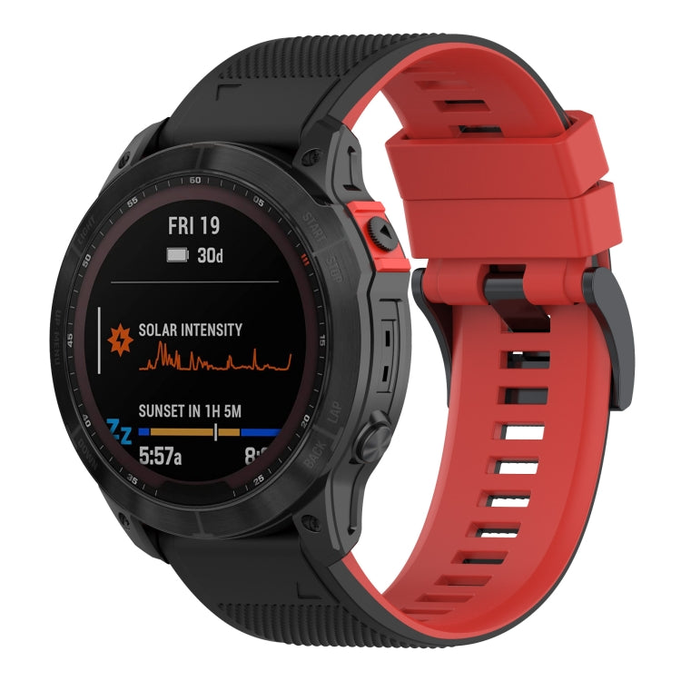Two-tone silicone watch band with red and black strap, ridged texture and buckle