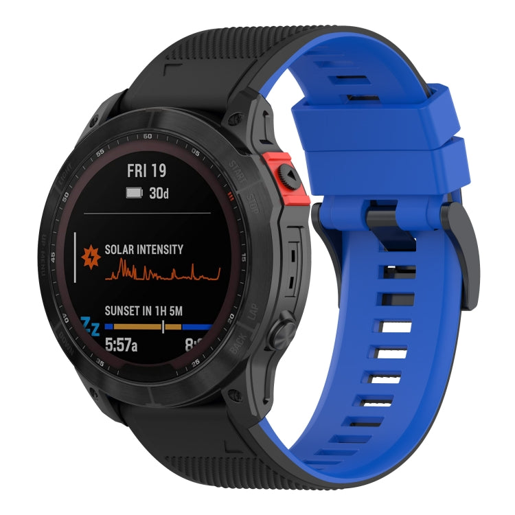 Two-tone silicone watch band with blue and black strap, ridged texture and buckle