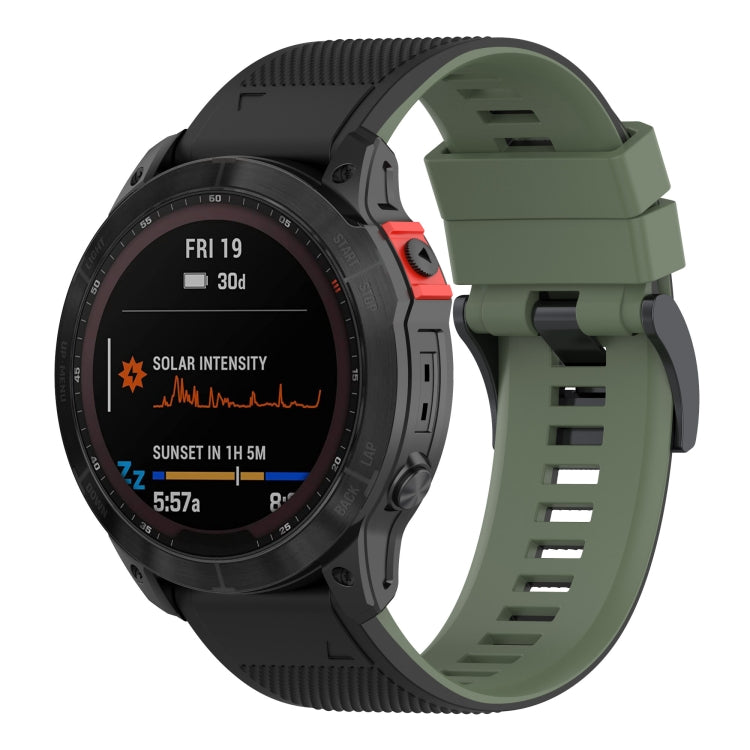 Two-tone silicone watch band with green and black strap, ridged texture and buckle