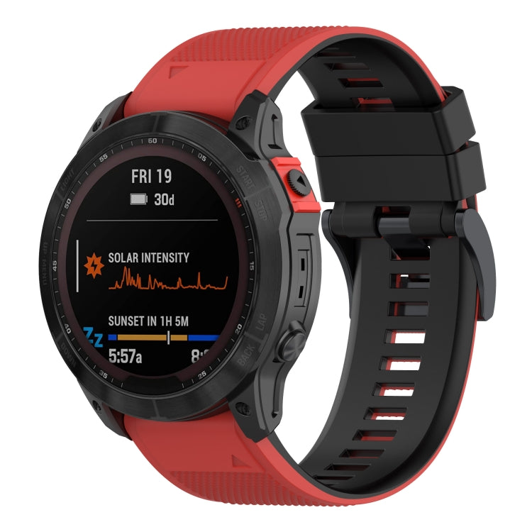 Two-tone silicone watch band with red and black, featuring a ribbed strap texture