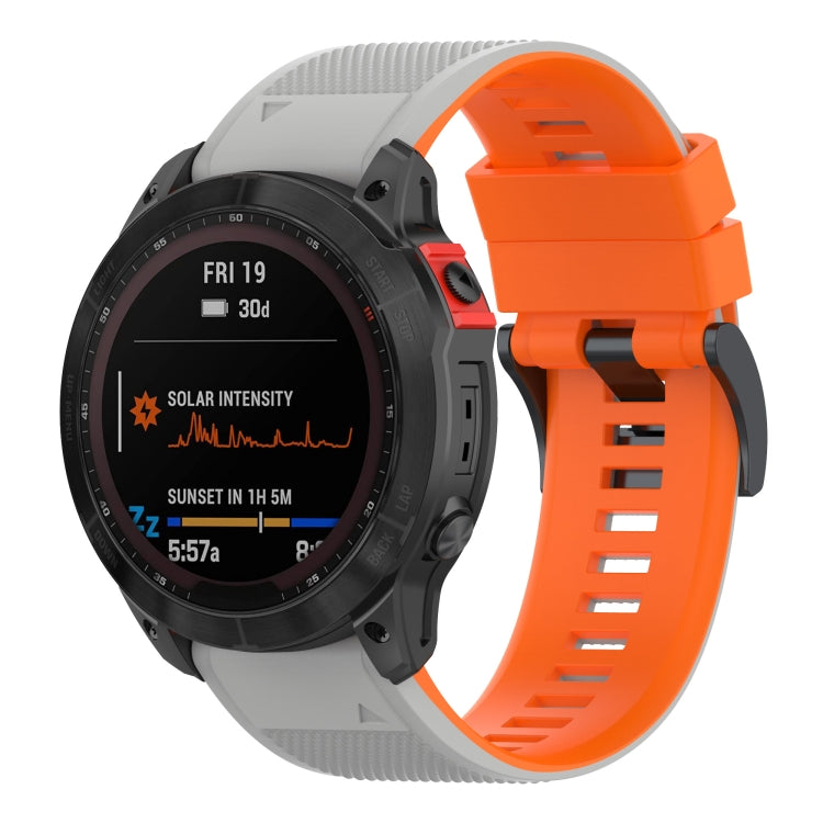 Two-tone silicone watch band with bright orange and light gray, ribbed strap