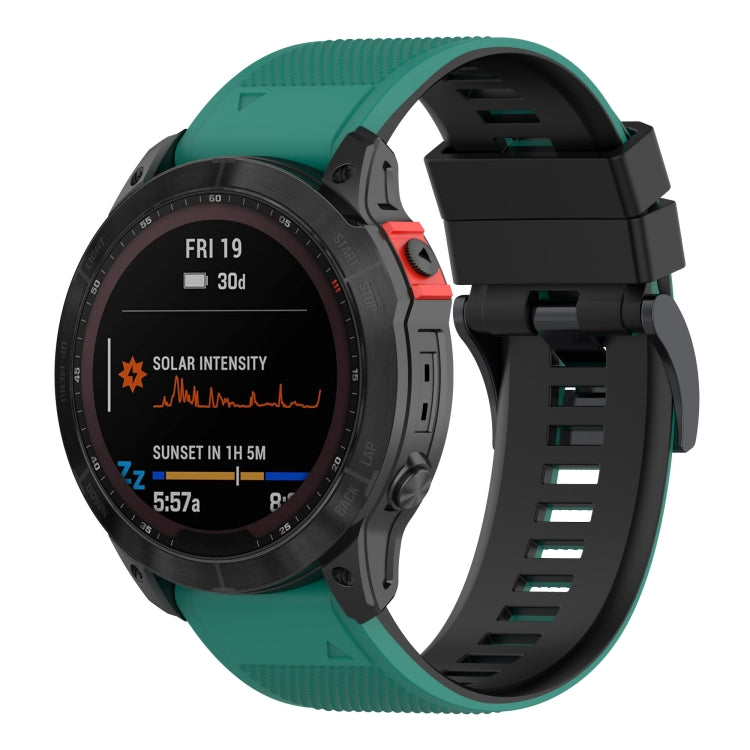 Two-tone silicone watch band with dark green and black, ribbed strap with buckle