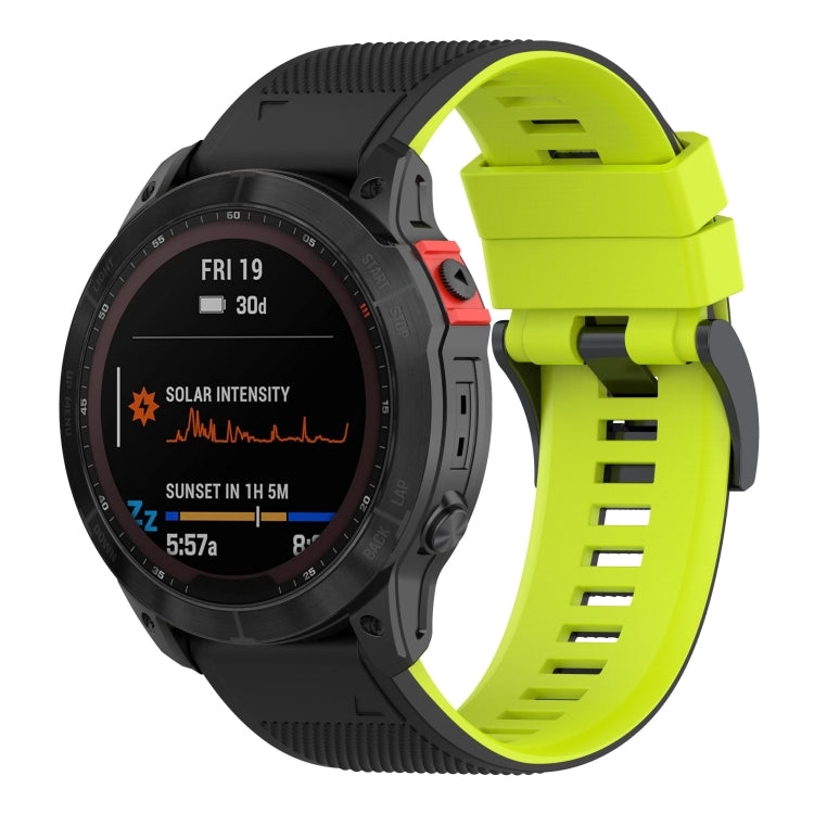 Two-tone silicone watch band with neon yellow and black, for Garmin-style watch