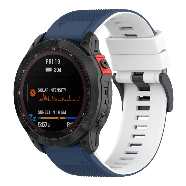 Two-tone silicone watch band with white and navy blue, black buckle and keeper