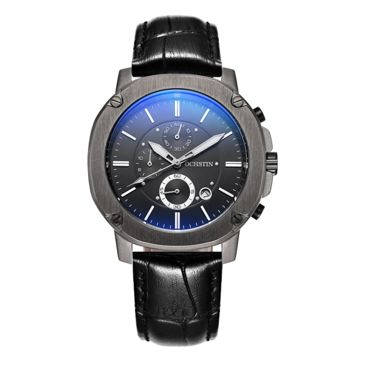 Men's multifunction watch with black leather strap, silver case, dark dial with blue accents.