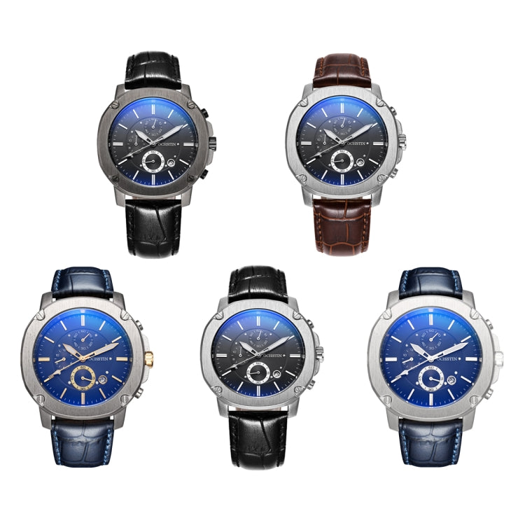 Set of men's multifunction watches with blue dials and leather straps, metal cases.