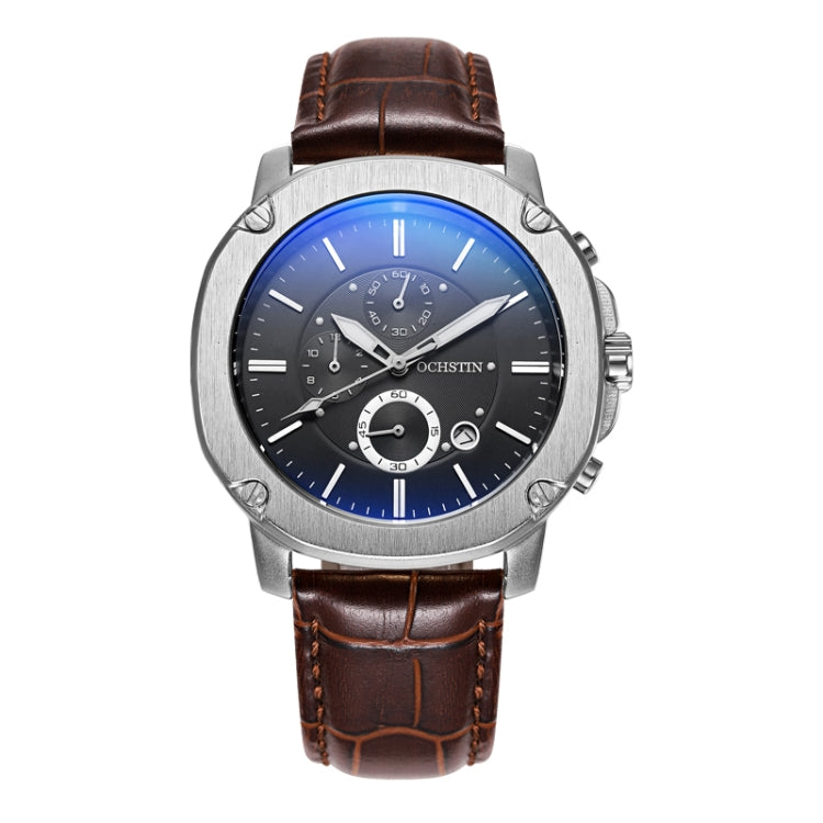 Men's multifunction watch with brown leather strap, silver case, dark dial with blue accents.