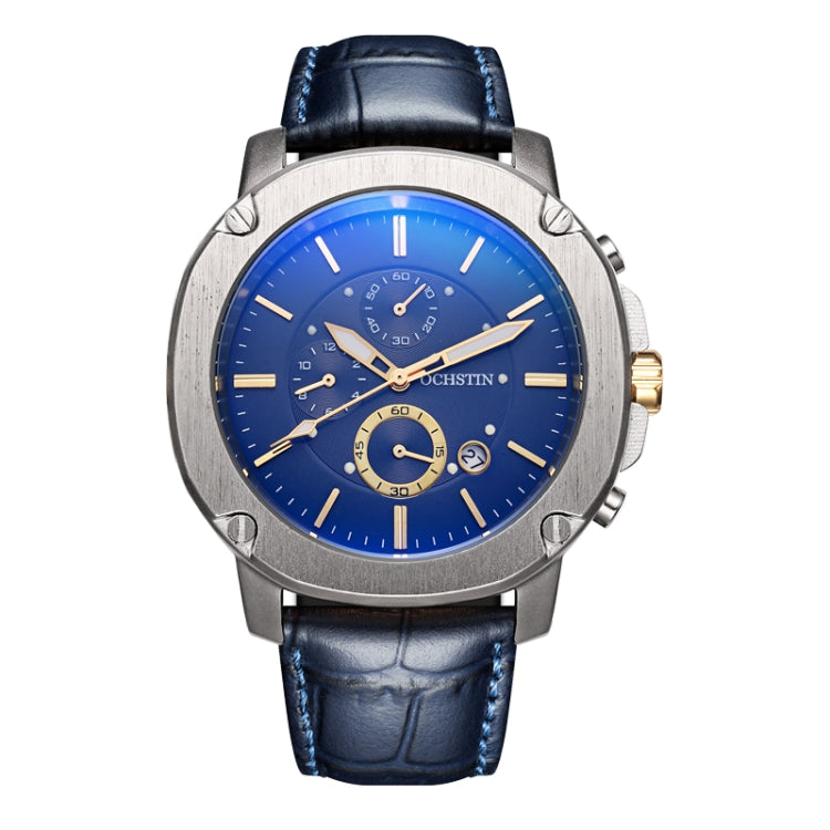 Men's multifunction watch with blue leather strap, silver case, bright blue dial with gold markers.