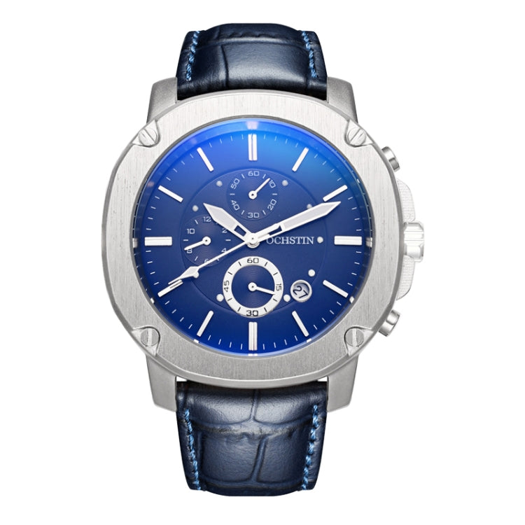 Men's multifunction watch with blue leather strap, silver case, bright blue dial and subdials.