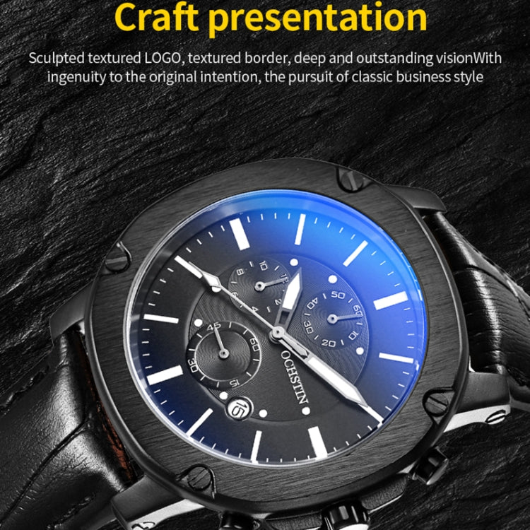 Men's multifunction watch close-up with black leather strap, blue dial and silver subdials.
