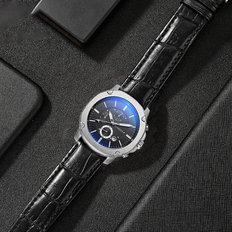 Men's multifunction watch angled view with black leather strap and blue-accent dark dial.