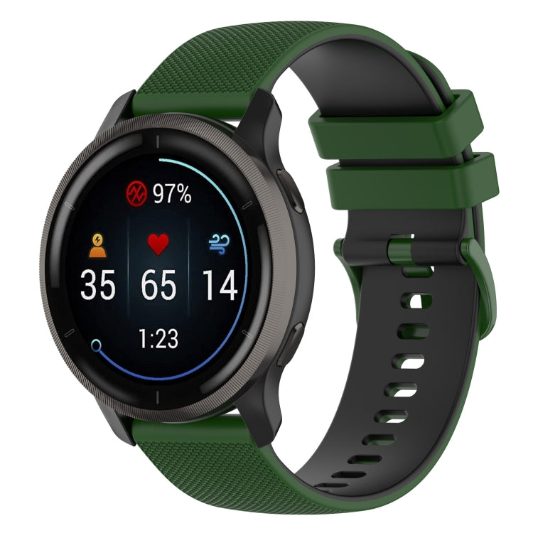 Two-color plaid silicone watch band in green with dark gray buckle and perforated strap