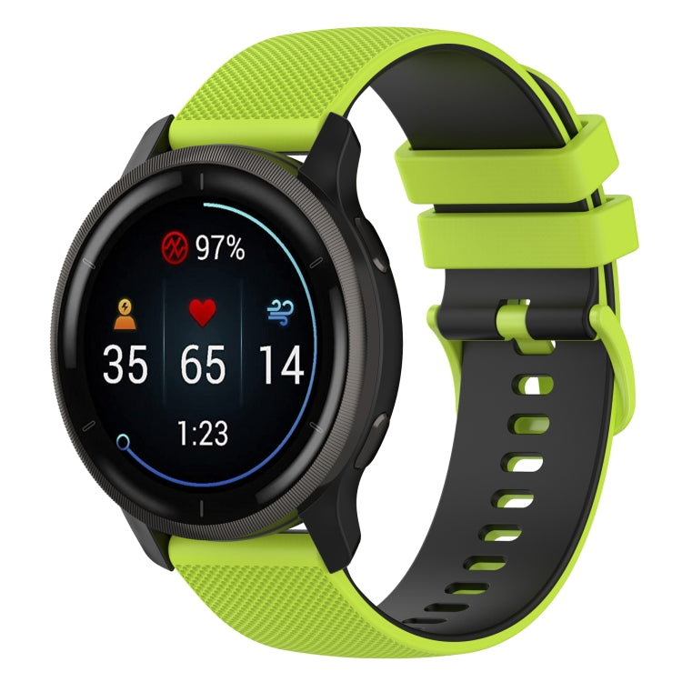 Two-color plaid silicone watch band in neon lime with dark gray buckle and perforated strap