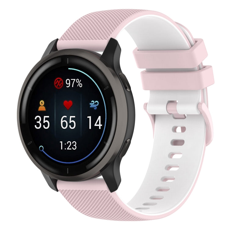 Two-color plaid silicone watch band in light pink with white buckle and perforated strap