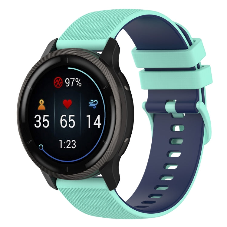 Two-color plaid silicone watch band in aqua with teal buckle and perforated strap