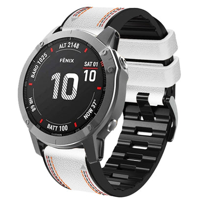 White silicone leather smartwatch band with tricolor orange stitching and black buckle