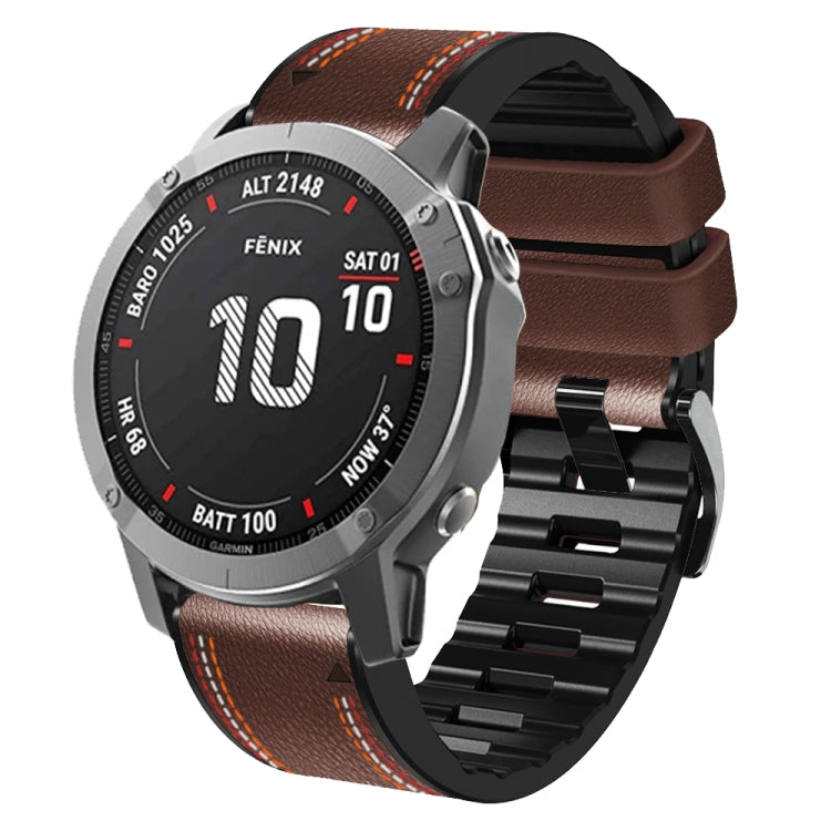 Brown silicone leather smartwatch band with tricolor orange stitching and black buckle